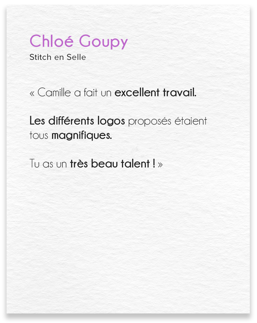Avis de Chloé Goupy, Stitch en selle : Camille a fait un excellent travail. Les différents logos proposés étaient tous magnifiques. Tu as un très beau talent !