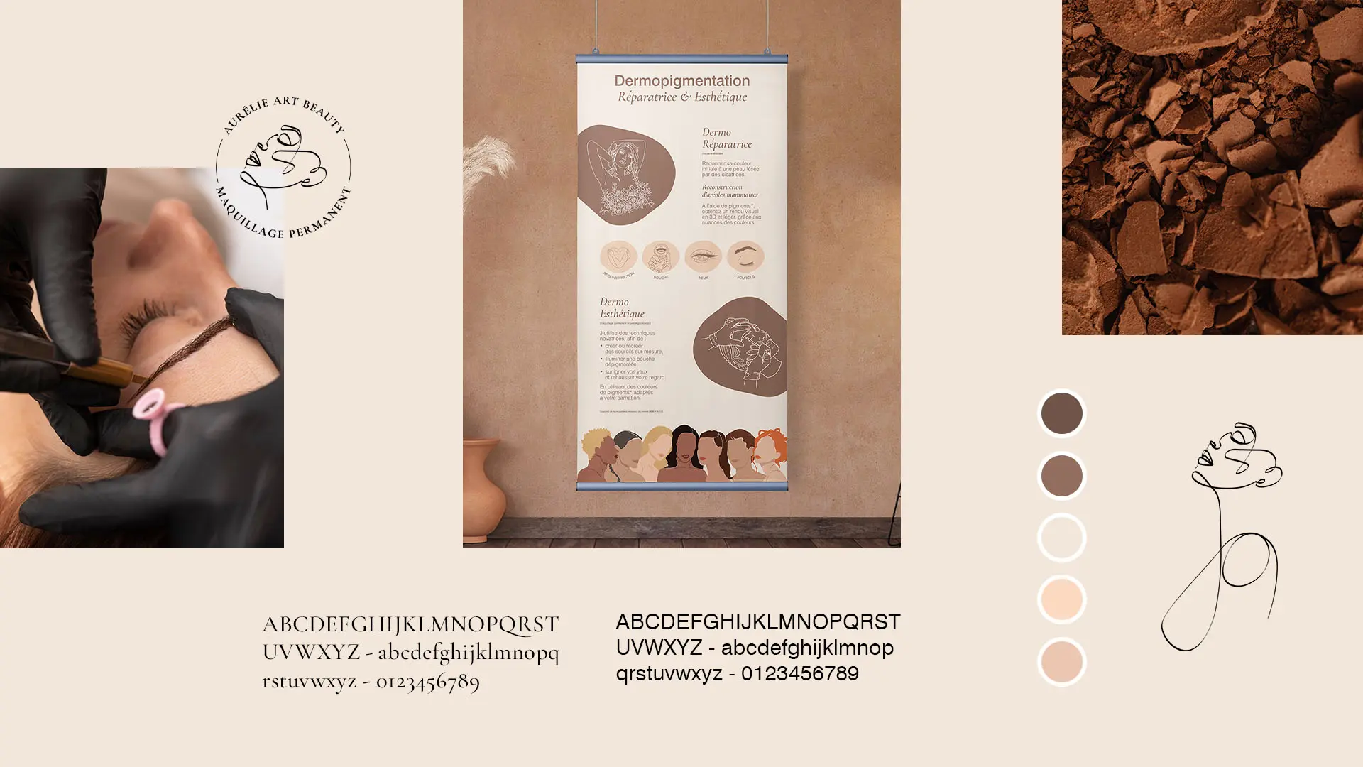 Aperçu du roll-up illustré, de photos d'ambiances (maquillage et travail du sourcil), avec les logos, typos et couleurs de la marque