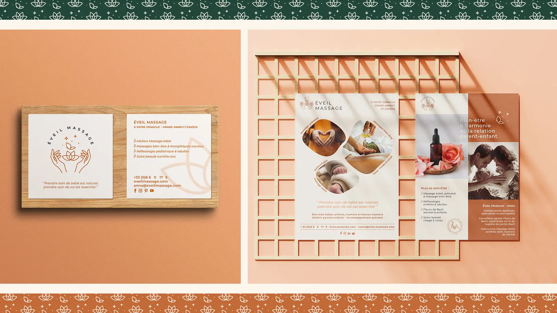 Cartes de visite carrée et flyer, Eveil massage
